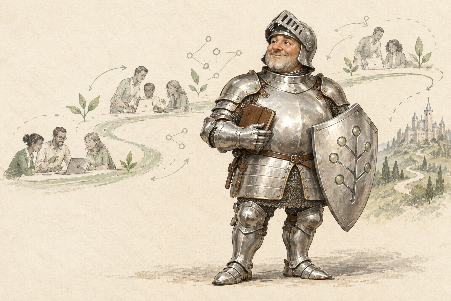 Un caballero rechoncho con armadura de plata sostiene un cuaderno y un escudo; a su alrededor, equipos colaboran.